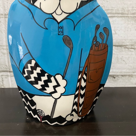 CATS by Nina Lyman Blue Ceramic Cat Golfer 9.5” Planter Vase - Picture 4 of 15